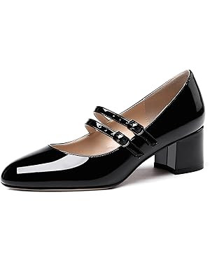 WAYDERNS Women's Adjustable Strap Mary Jane Round Toe Patent Low Chunky Heel Pumps Shoes 2 Inch | Amazon (US)