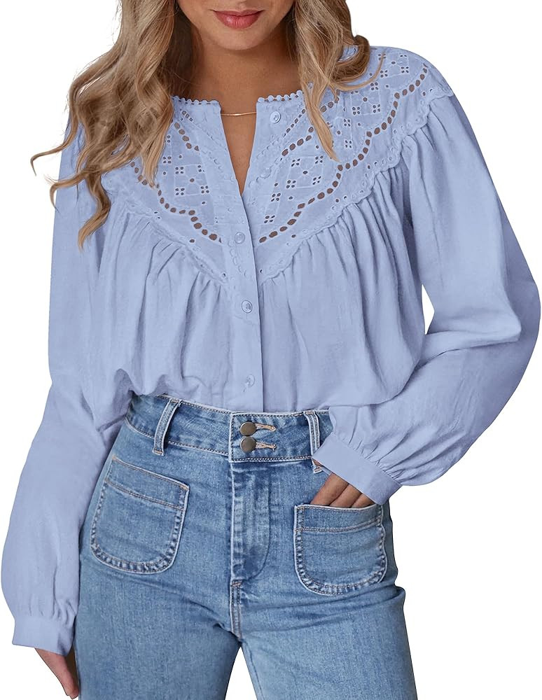 BTFBM Blouses for Women Dressy Casual Fall Clothes 2025 Lace Long Sleeve Tops Lightweight Spring ... | Amazon (US)