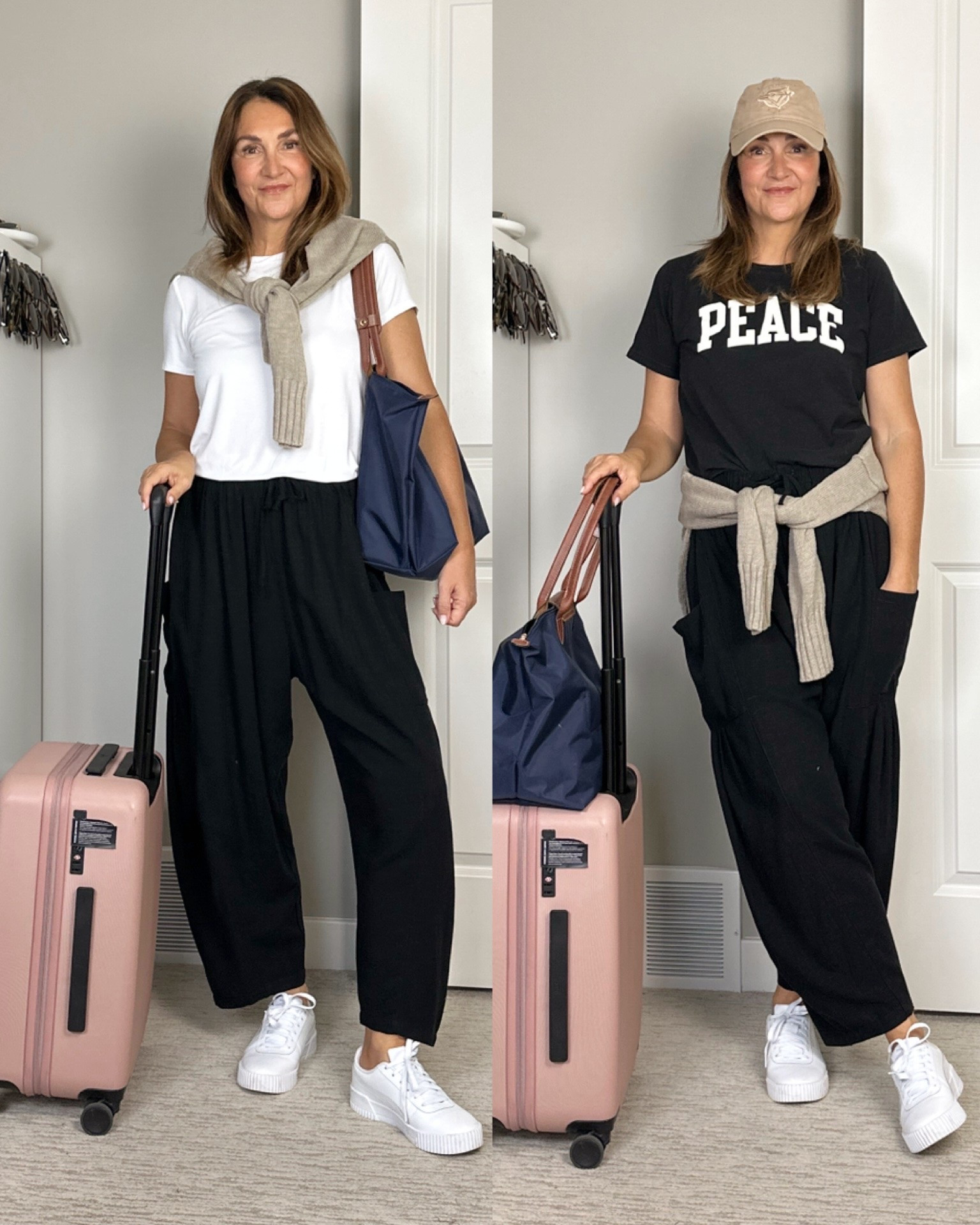 Euro summer travel capsule (carry on only) travel outfits! 
In the summer I like to travel in a loose fit tee, lightweight comfy pants, sneakers, and a sweater cause the plane is often chilly. 
I have travelled a few times with my Longchamp bag as my personal item and I love it cause it has a zipper closure, fits enough stuff, fits under the seat and looks nice enough to wear as an everyday bag on the trip.
I’m 5’ 7” wearing my usual size S in the pants and sweater. Tees are old. Sneakers are really comfy and fit tts. 
Also linked my fave suitcase and a few travel must haves for hot weather like blotting papers, portable fan

#LTKOver40 #LTKootd #LTKTravel