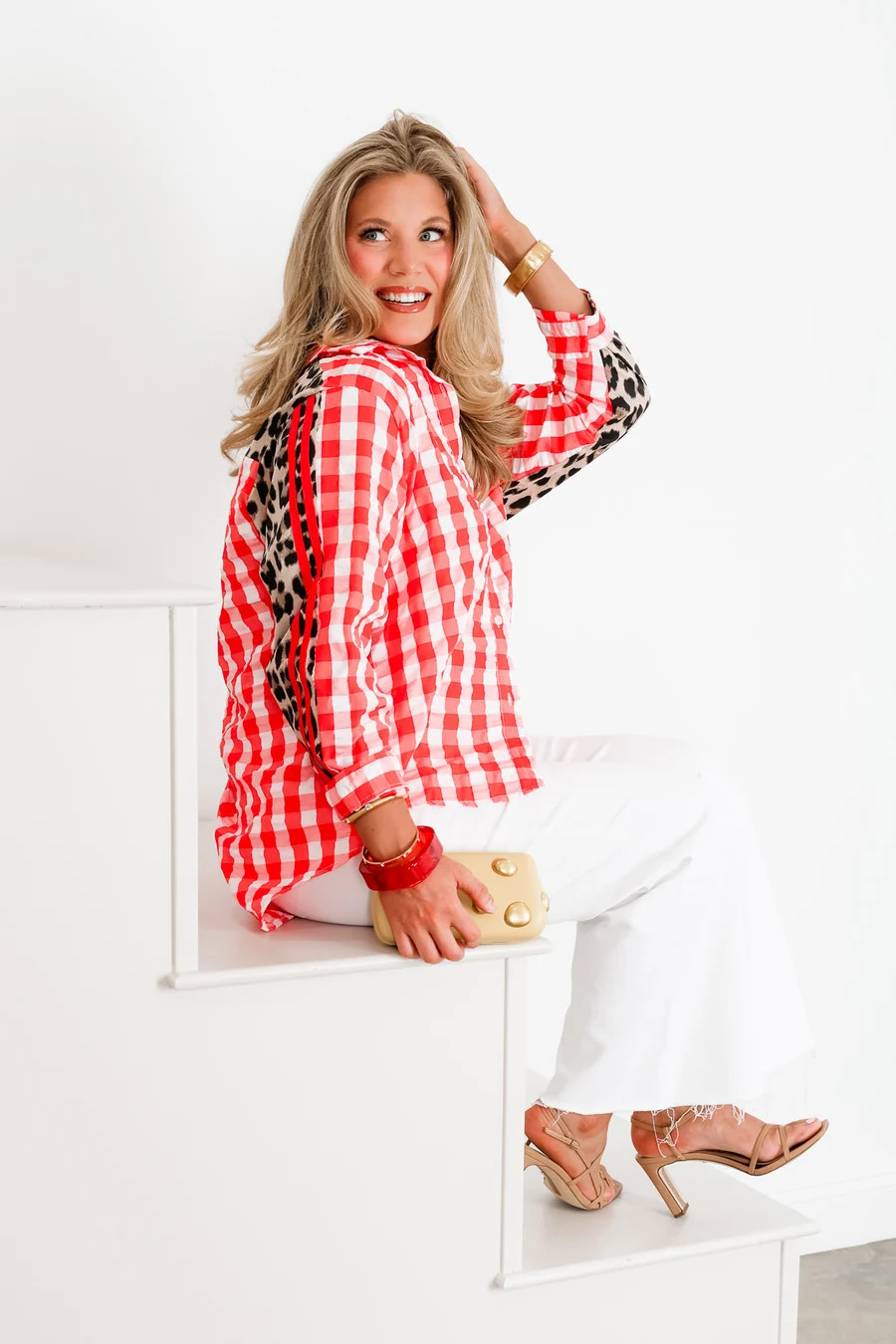 Once In A Lifetime Red Gingham & Leopard Long Sleeve Blouse | The Willow Tree