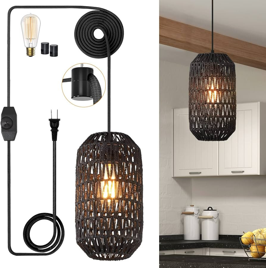 Plug in Pendant Light Rattan Hanging Lights with Plug in Cord 15ft Dimmable Cotton Cord Wicker Bo... | Amazon (US)