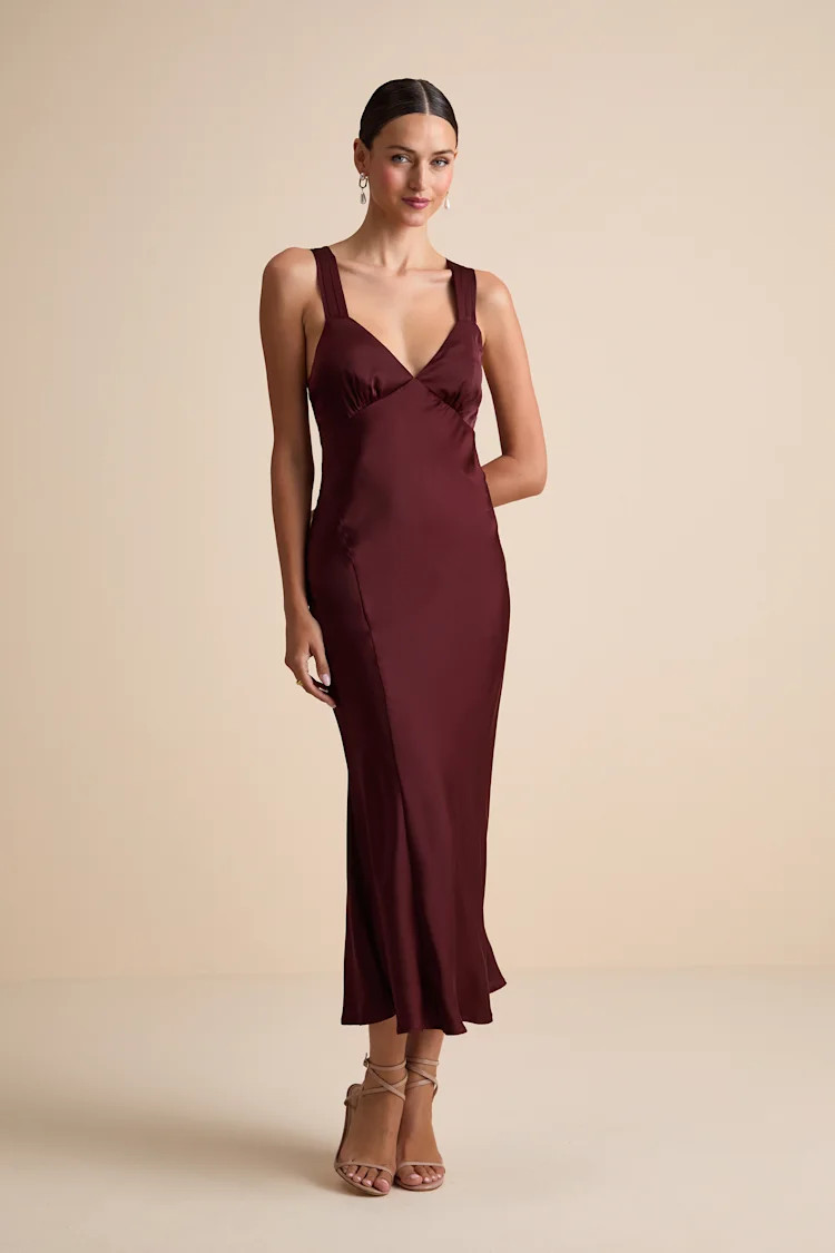 Ellena Burgundy Satin Slip Midi Dress | Lulus
