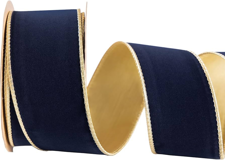 Dark Navy Blue Velvet Wired Ribbon 2.5inch Wide*10Y Navy and Gold Double Sided Velvet Thick Ribbo... | Amazon (US)
