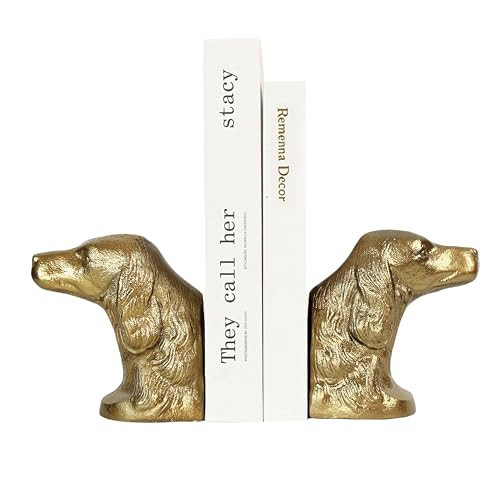 Remenna Decorative Bookends for Shelves, Gold Dog Heavy Bookends for Heavy Books, Vintage Book Ends Unique Cast Iron Bookends for Home Office Decor 4.8Lbs | Amazon (US)