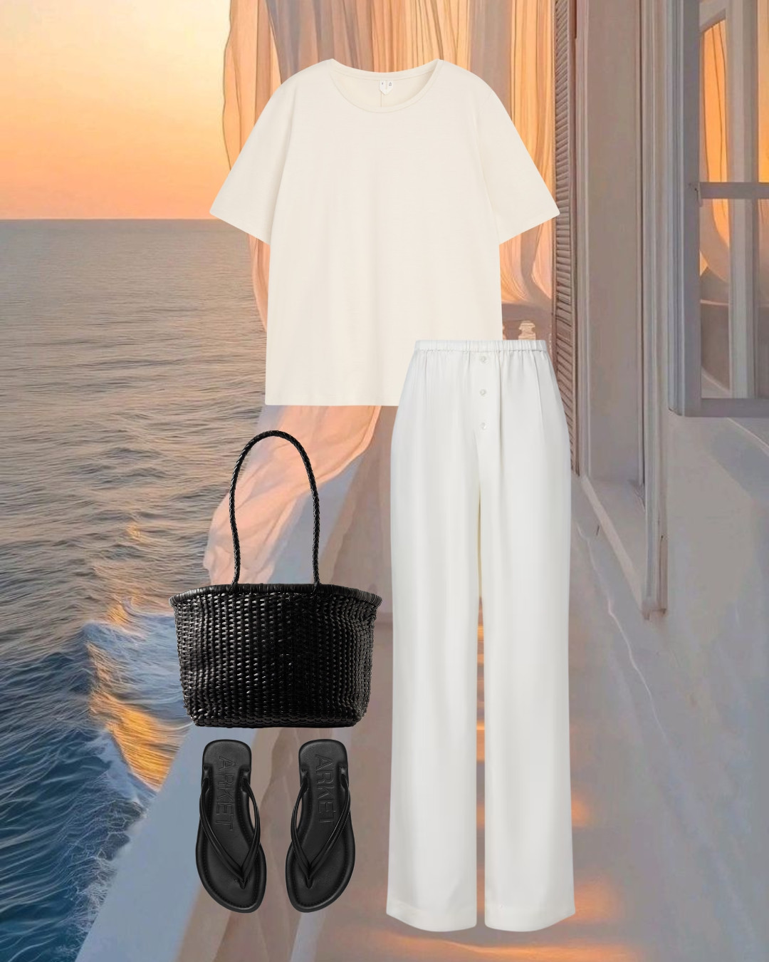 Minimalist Summer Travel Outfit | Off-White Oversized Tee, Silk Wide-Leg Pants & Black Woven Tote Bag 

 #LTKgrwm #LTKootd

#LTKtravel