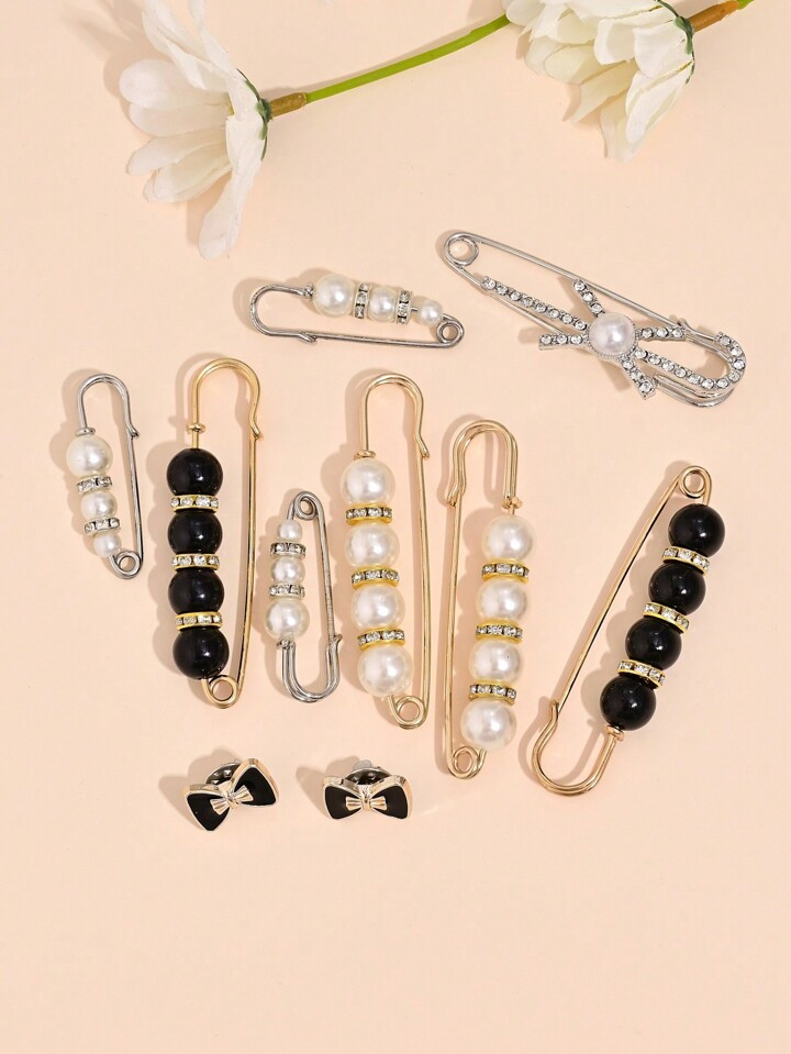 10pcs Simple & Elegant Sweet Bowknot & Rhinestone Inlaid Faux Pearl Women's Brooch Set, Dress Cli... | SHEIN