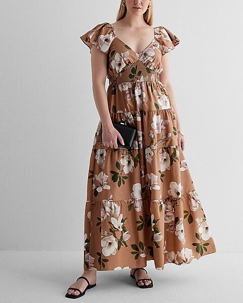 Floral V-Neck Flutter Sleeve Tiered Poplin Maxi Dress | Express