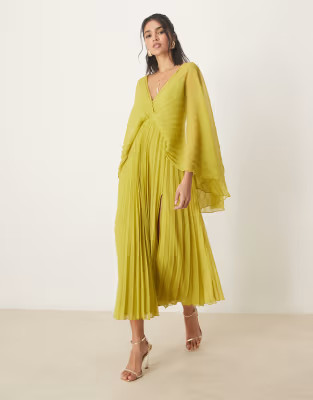 ASOS DESIGN cape detail pleated maxi dress in green | ASOS (Global)