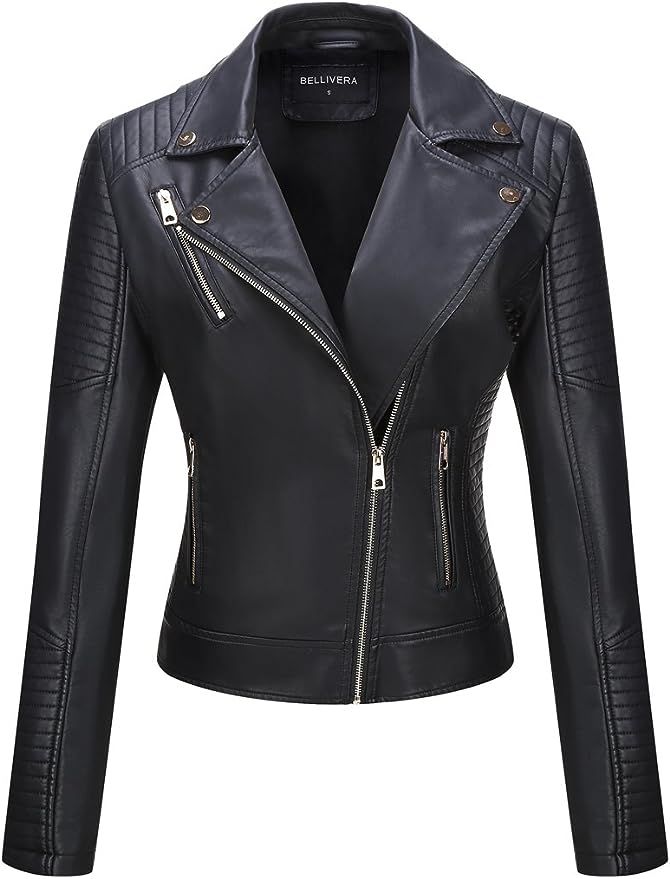Bellivera Women Faux Leather Casual Jacket, Fall and Winter Fashion 2021 Motorcycle Bike Coat | Amazon (US)