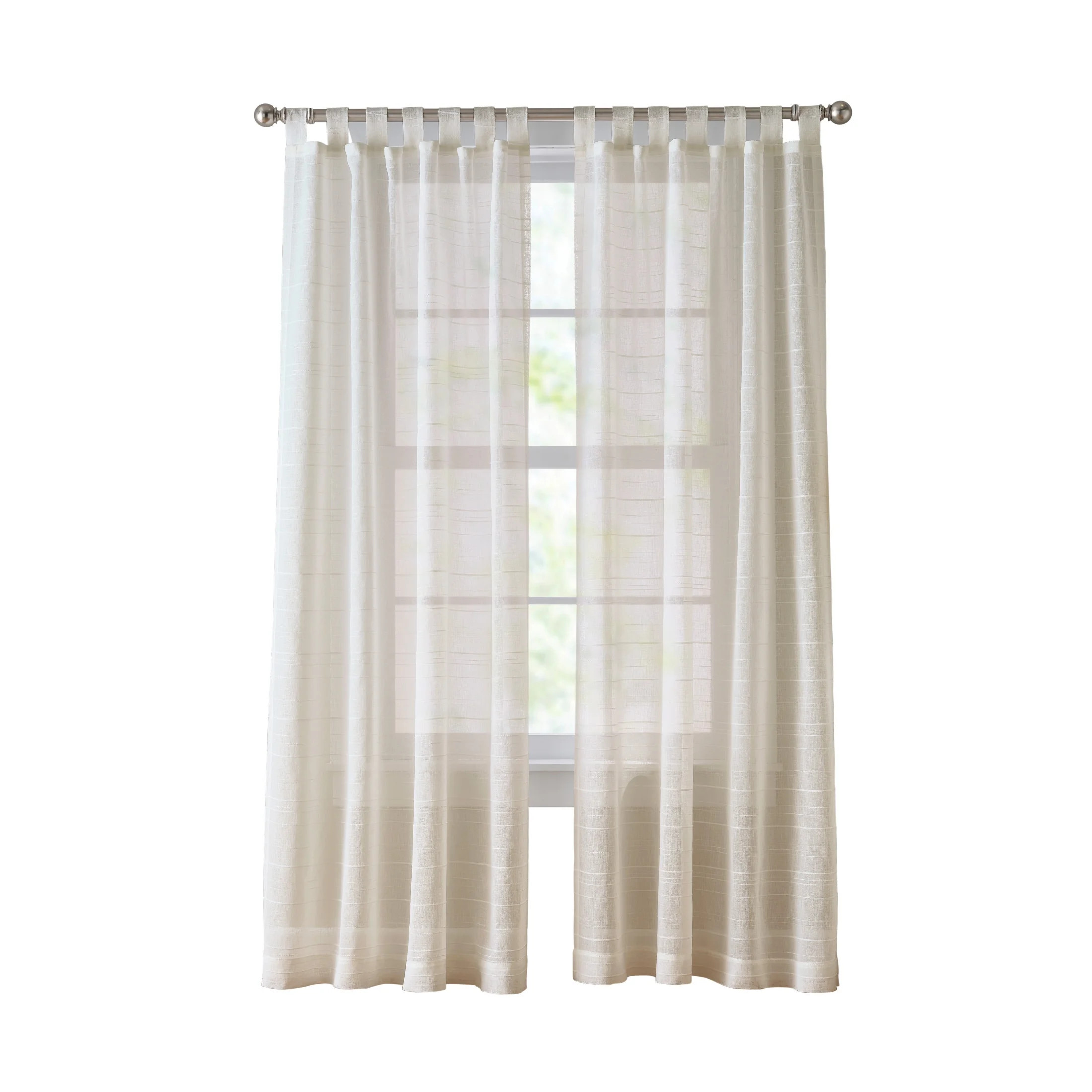 Mainstays Woven Stripe Sheer 50" W x 84" L Tab Top Single Curtain Panel, Beige, Polyester, Adult ... | Walmart (US)
