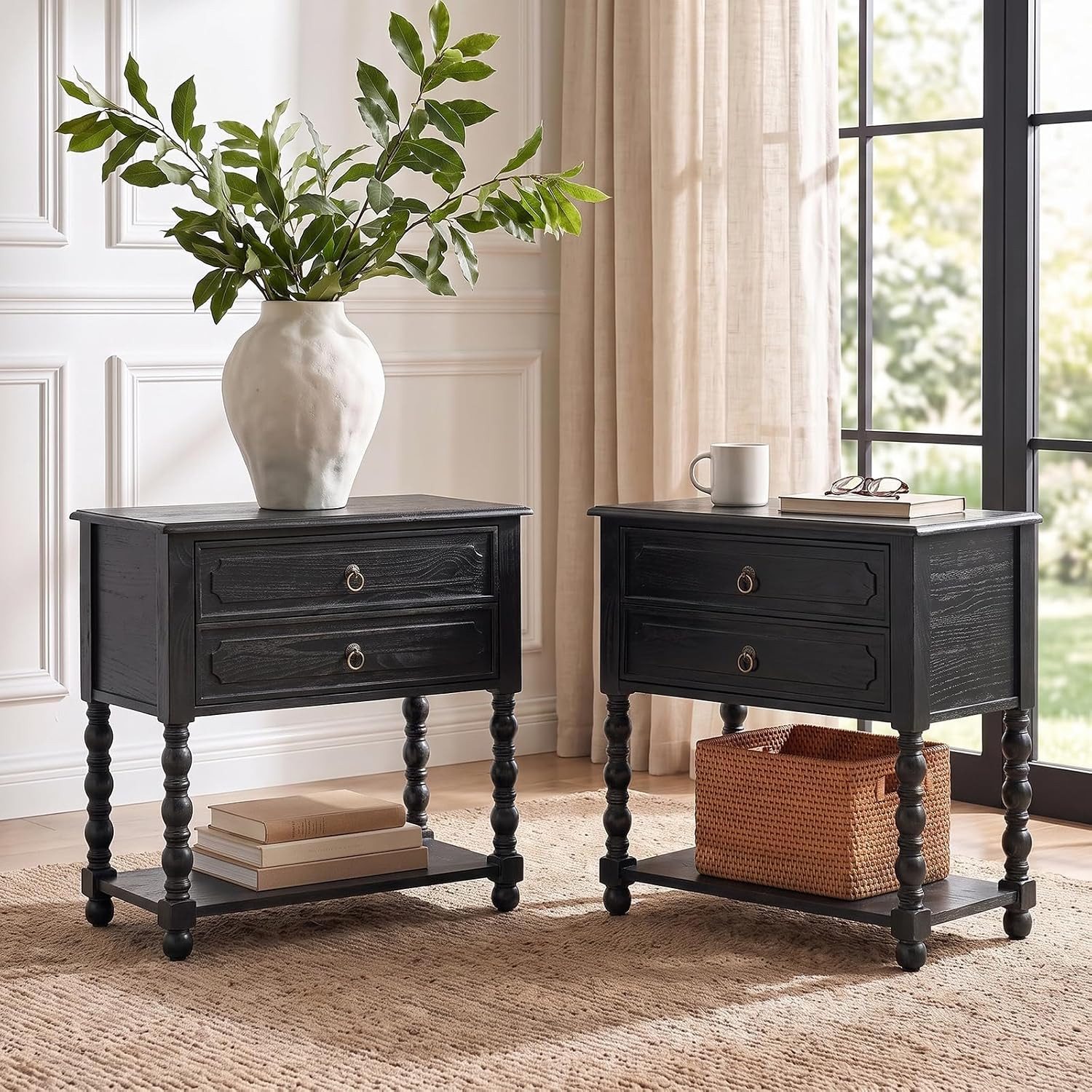 HULALA HOME Farmhouse Accent End Table with Charging Station, 2PK Charcoal | Amazon (US)