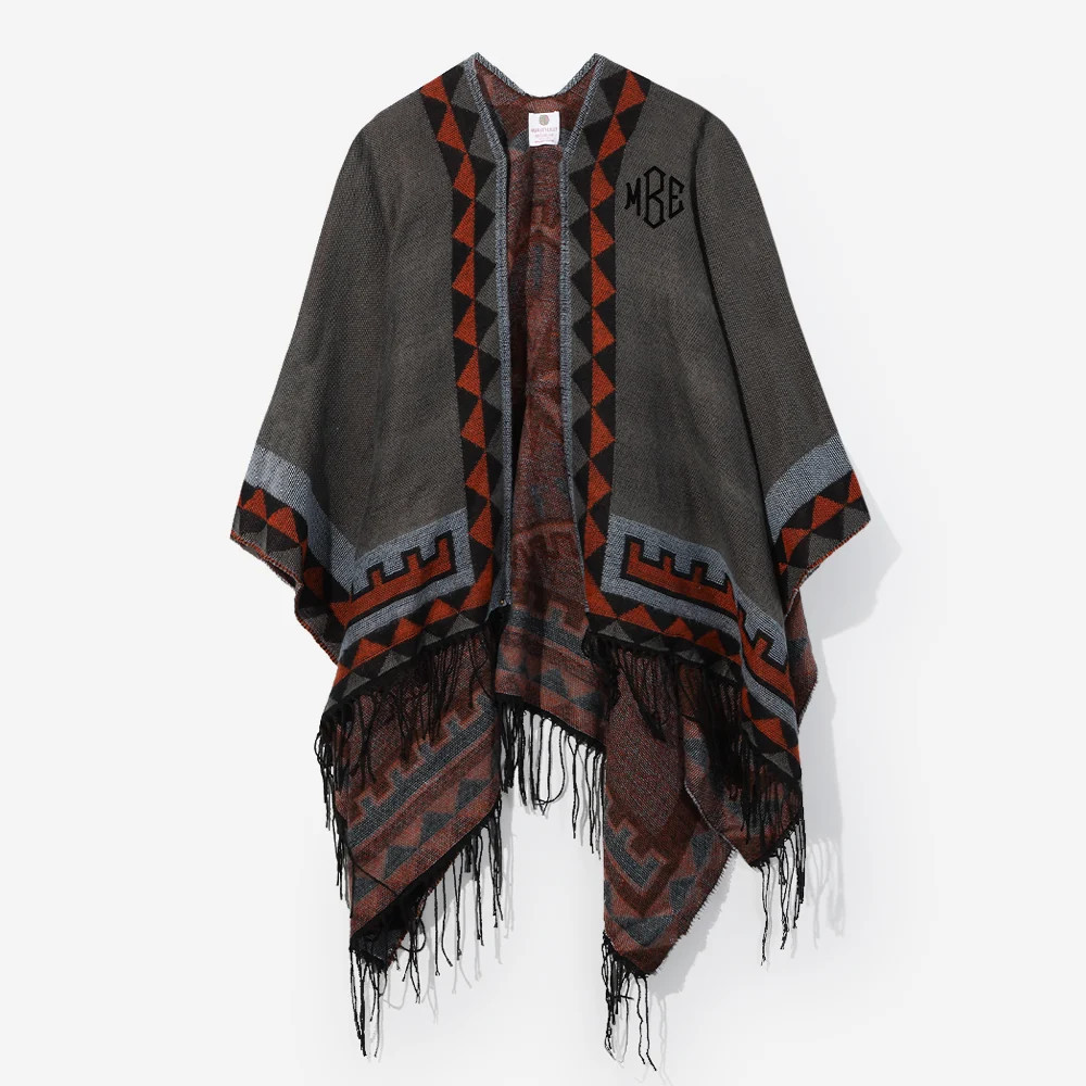 Monogrammed Aztec Poncho | Gray with Aztec One Size / Gray with Aztec | Marleylilly