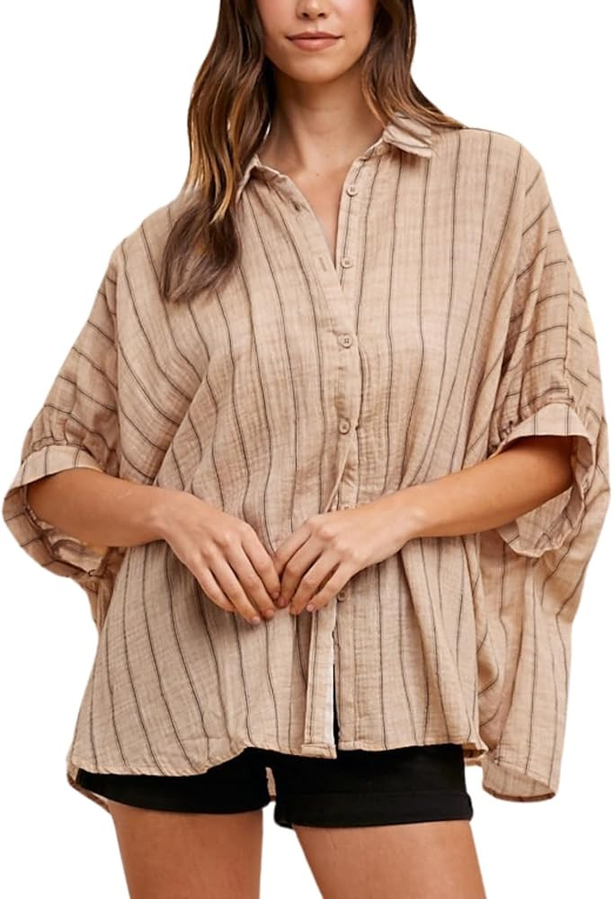 Womens Oversized Striped Button Down Shirts Woven Drop Shoulder Blouse Loose Half Sleeves Blouses | Amazon (US)