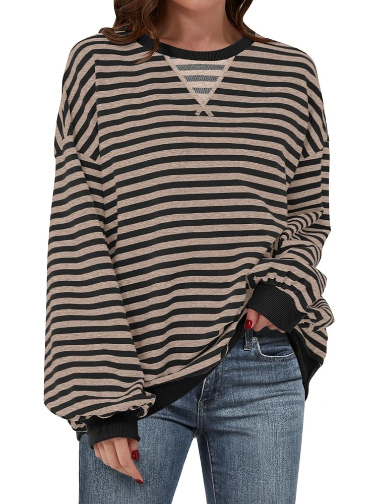ANRABESS Women Striped Sweatshirts Oversized Crewneck Long Sleeve Shirts Y2K Pullover Top 2025 Fa... | Amazon (US)