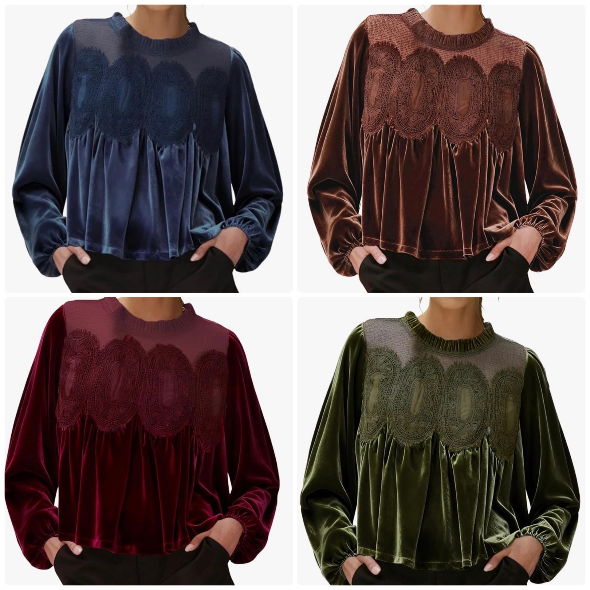 soft studio lighting, four-panel fashion layout, rich velvet blouses in navy, chocolate, merlot, and forest green, intricate lace applique detailing across the chest, gathered waistline creating a romantic drape, long billowy sleeves with subtle cuffing, elegant feminine silhouette, upscale boutique editorial vibe, minimalist white background, cozy winter fashion aesthetic, elevated texture and depth, luxury holiday wardrobe inspiration, pinterest-ready collage, quiet-luxury style, trendyheidi aesthetic, soft shadows, crisp color contrast, timeless seasonal fashion, serene mood

⸻



#velvetblouse #winterfashion2025 #holidayoutfits #quietluxury #elevatedstyle #boutiquefashion #luxurytextures #velvetedit #fashioncollage #pintereststyle #outfitinspo #winterwardrobe #classyaesthetic #fallwinterstyle #trendyaesthetic #holidaylooks #fashionfinds #chicoutfits #stylemoodboard #pinterestinspo #romanticstyle #laceandvelvet #seasonalstyle #trendyheidi #trendywithapassport

#LTKHoliday #LTKdayinmylife #LTKGiftGuide