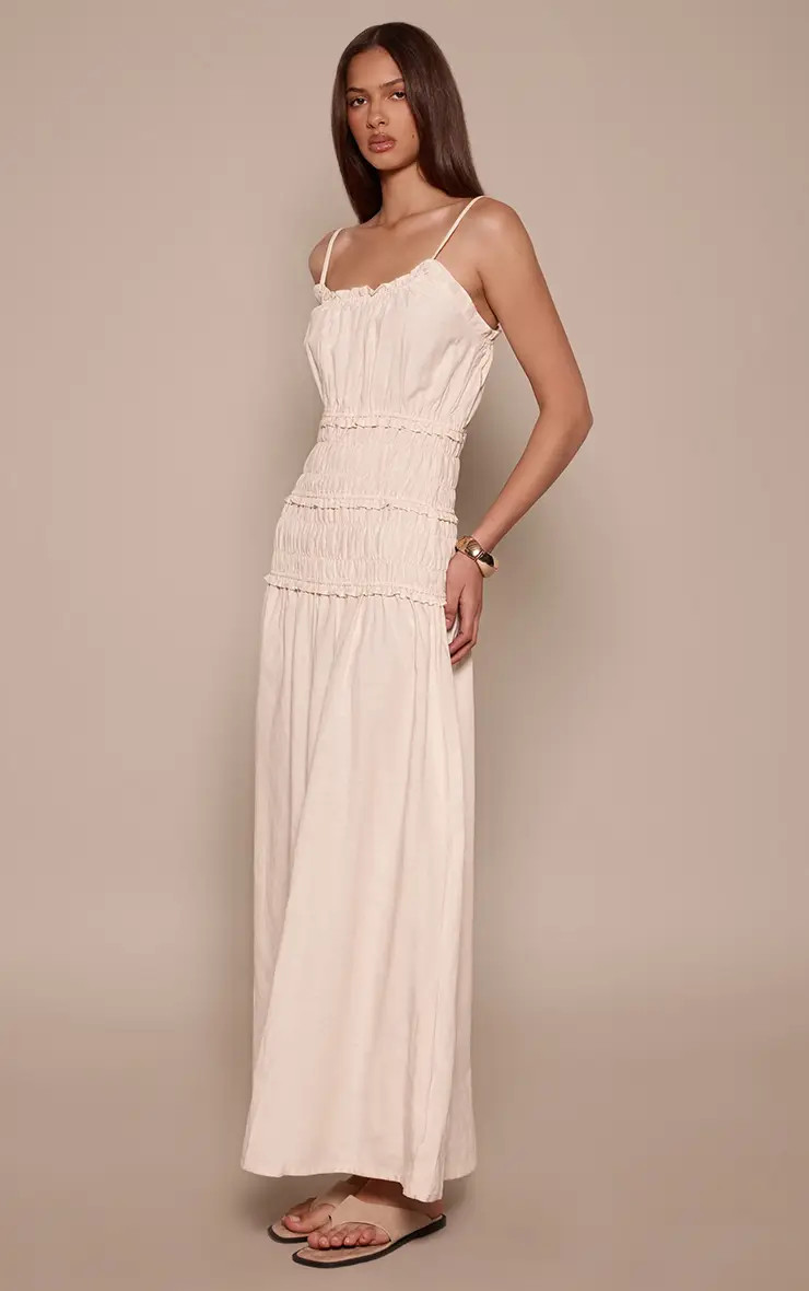 Cream PrettyLittleThing Strappy Linen Look Shirred Detail Maxi Dress | Boohoo | Boohoo.com (UK & IE)