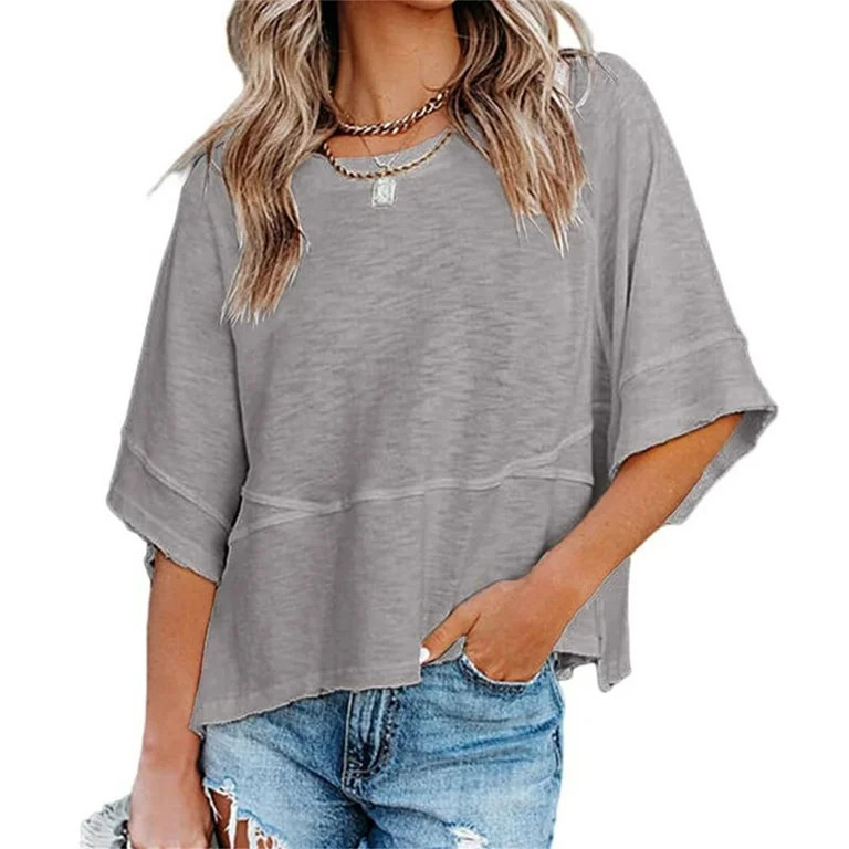 Summer Oversize Women Solid Color Half Sleeve Loose Shirt Tee Casual Tops | Walmart (US)