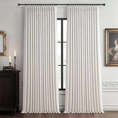 PleatedDrapes Beige White Dual Layer Blackout 102 Inch Length Curtain Panels 2 for Sliding Glass Door, Luxury Pinch Pleated Flax Linen Ceiling Track Curtain Thermal Room Darkening Ivory Window Drapes | Amazon (US)