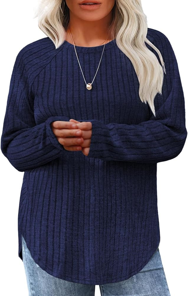 Eytino Plus Size Tops for Women Fall Soft Solid Crewneck Long Sleeve Knitted Pullover Blouses Shi... | Amazon (US)