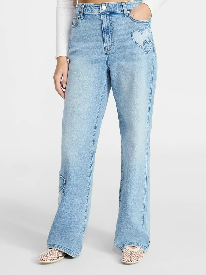 No Boundaries High Rise Baggy Wide Leg Jeans with Heart Patch, 32'' Inseam, Women’s and Women's... | Walmart (US)