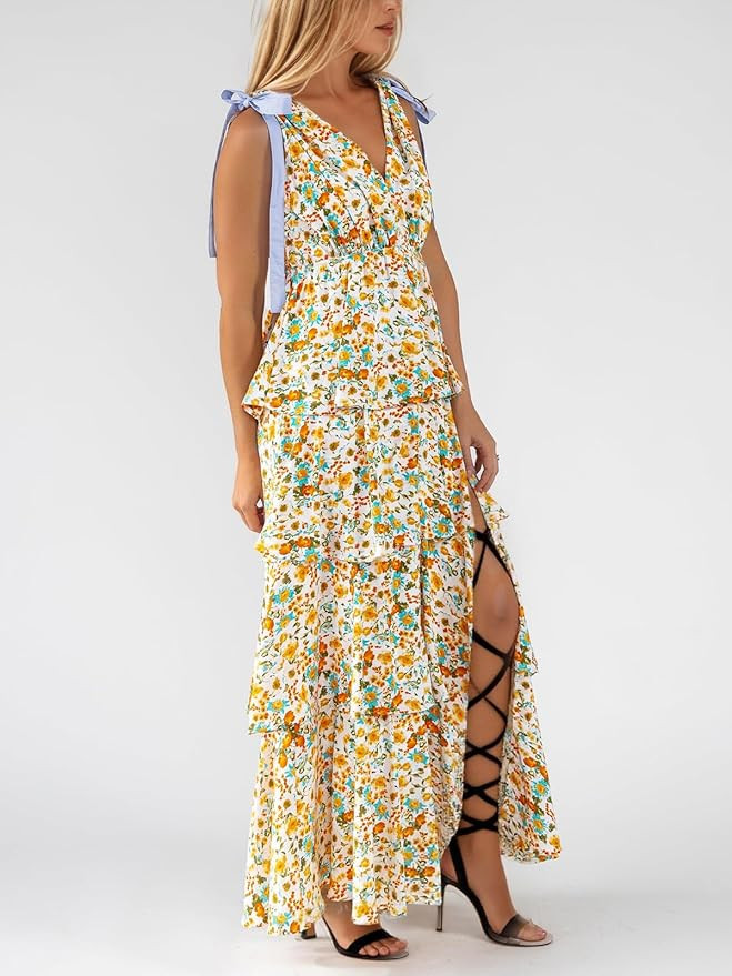 Wenrine Womens Summer Floral Maxi Dress Tie Strap Sleeveless V Neck High Slit Boho Ruffle Tiered ... | Amazon (US)