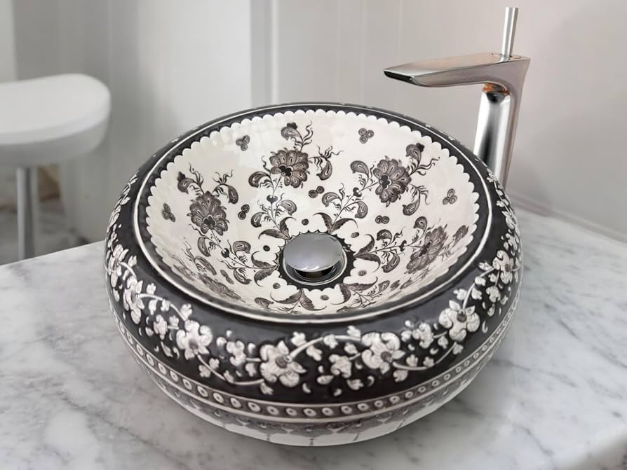 Bathroom Sink Bowl & Black Lotus Flowers, Countertop Wash Basin, Kitchen Farmhouse Basin, Cloakro... | Amazon (US)
