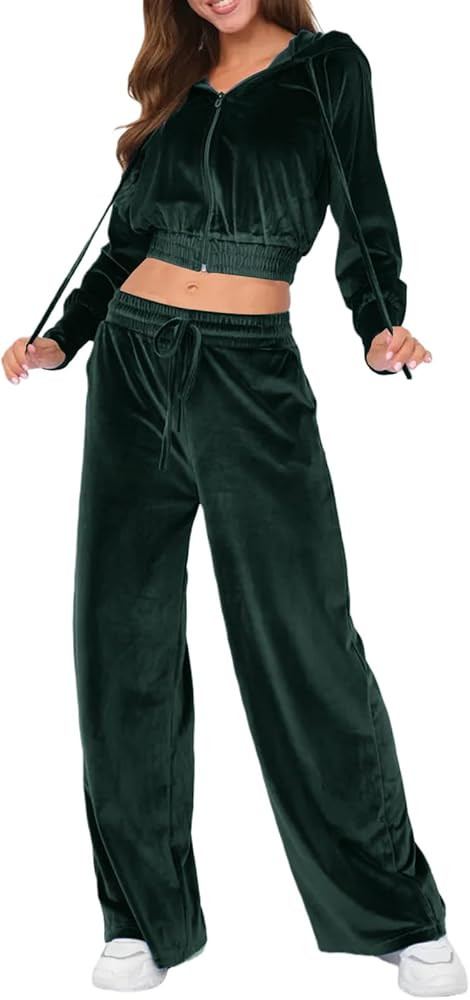 2 Piece Velour Tracksuit Womens Full Zip Cropped Hoodie Sweatsuit Casual Wide Leg Pants Tracksuit... | Amazon (US)