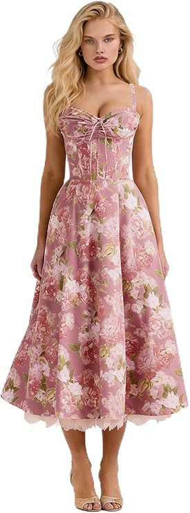 Women's Floral Midi Bridesmaid Dress Spaghetti Strap Prom Dress Tea Length Formal Cocktail Party | Amazon (US)