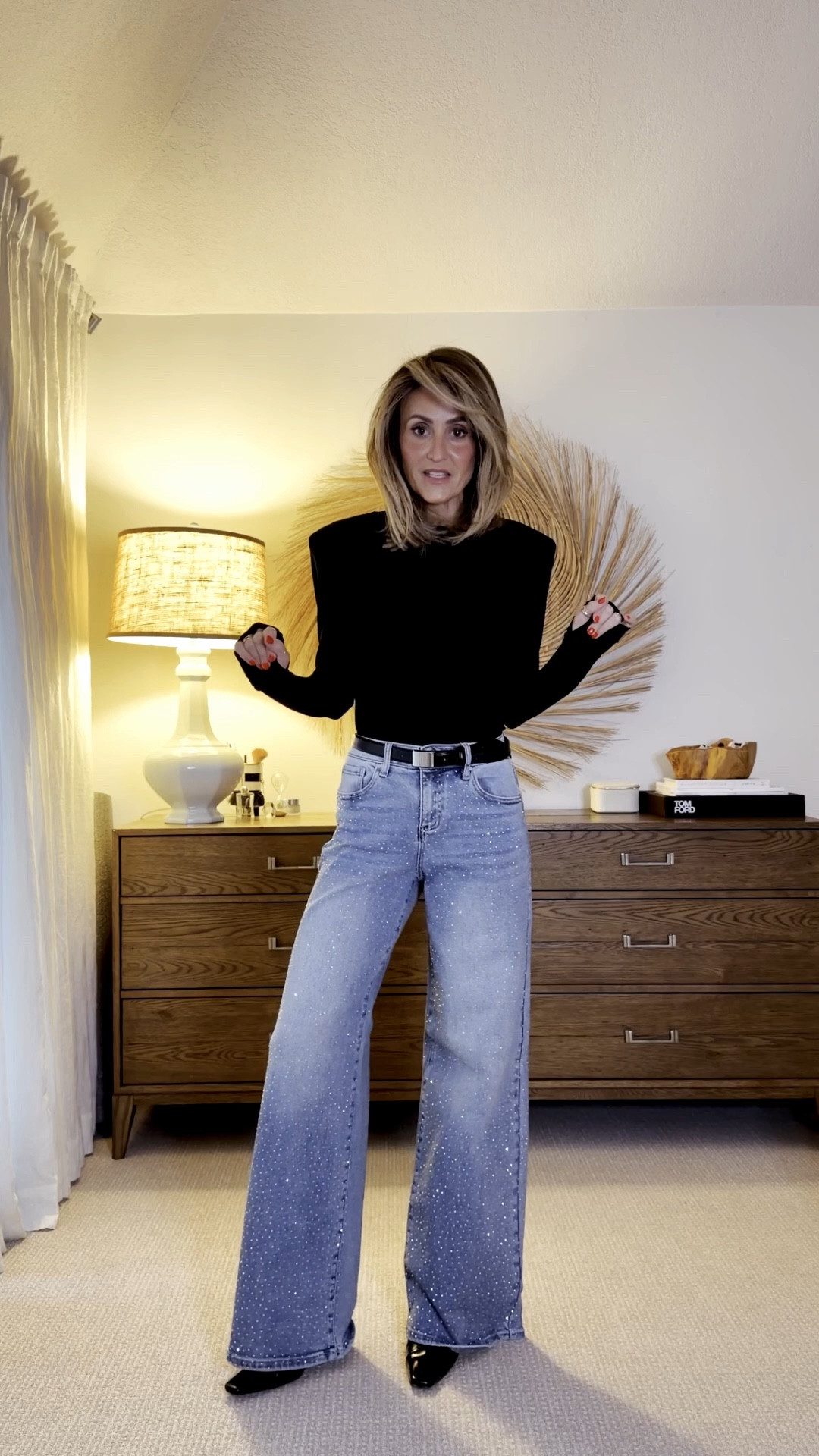 Book club outfit - I hosted tonight and was running so late so went for a simple yet festive fit! Comment BOOK CLUB and I’ll send you links to shop! 

Classy rhinestone jeans, shoulder padded long sleeve top, Saint Laurent tall boots, silver buckle leather belt, chic date night outfit 

Jeans 25, top xs 

#LTKOver40 #LTKgrwm #LTKstorytime