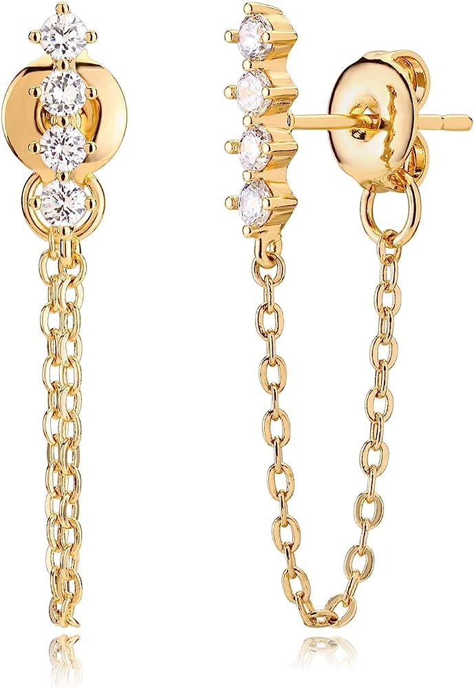 Chain Studs Earrings Gold 14K Gold Filled Dainty Cubic Zirconia Dangle Earrings With Chain Small ... | Amazon (US)