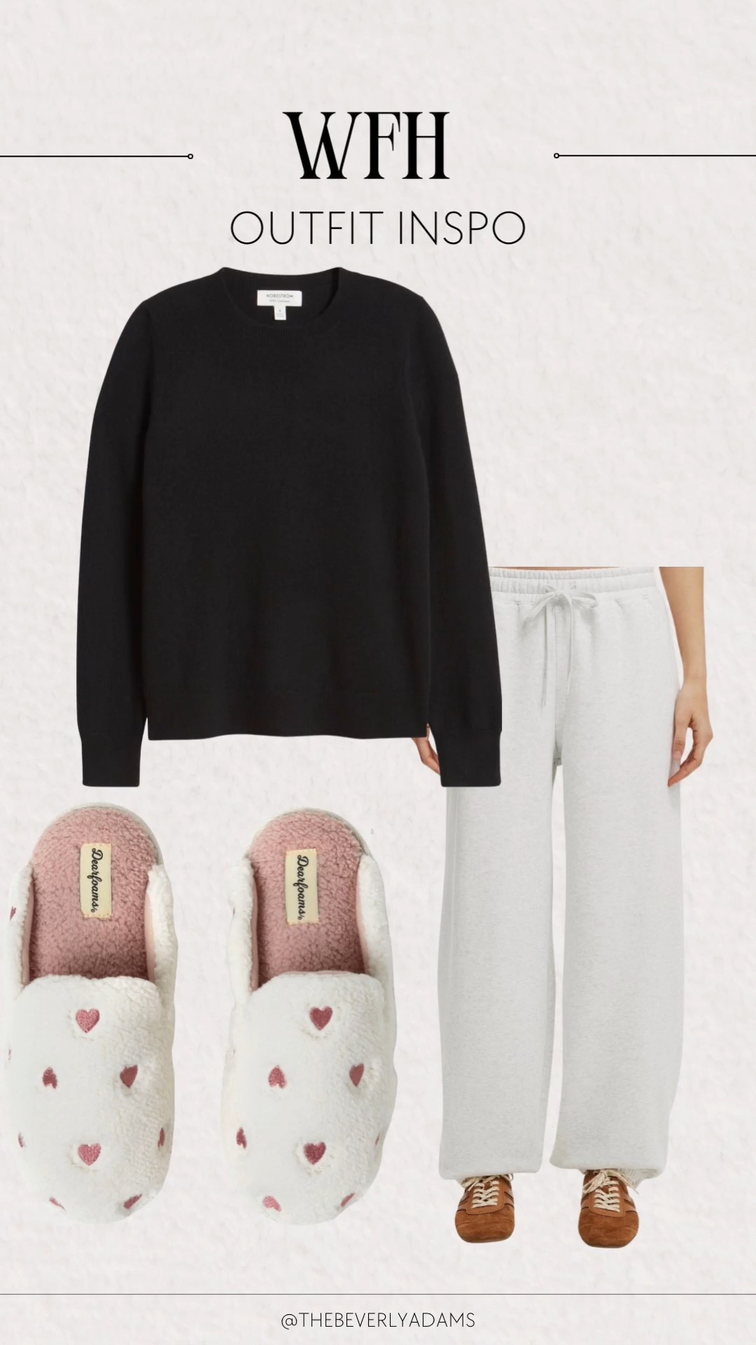 If you’re like me and want to feel productive without wearing actual hard pants, this is the formula.

The Sweater: This Nordstrom cashmere crewneck is a capsule wardrobe staple. It’s buttery soft and looks instantly polished on camera.

The Pants: Wide-leg sweats are having a major moment. They feel like a cloud but look way more elevated than your old joggers.

The Feet: Adding these heart Dearfoams because... well, look at them! 

#WFHstyle #CasualChic #CashmereStyle #WorkFromHome