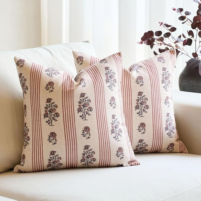 Floral Throw Pillow Covers 18x18 Set of 2 Block Print Pillow Covers Neutral Floral Striped Farmho... | Amazon (US)