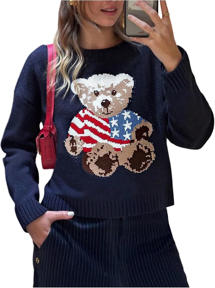 GORGLITTER Women's Bear Cropped Sweater Cute Long Sleeve Knitted Fall Trendy Dressy Chunky Cozy P... | Amazon (US)