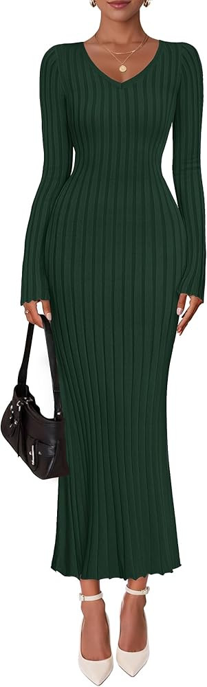 ZESICA Women's 2025 Fall Sweater Dress Long Sleeve V Neck Ribbed Knit Party Cocktail Bodycon Maxi... | Amazon (US)