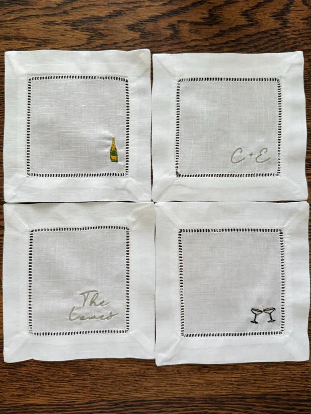 Custom Embroidered Linen Cocktail Napkin Set with Names, Initials and Champagne Motifs, Personali... | Etsy (US)