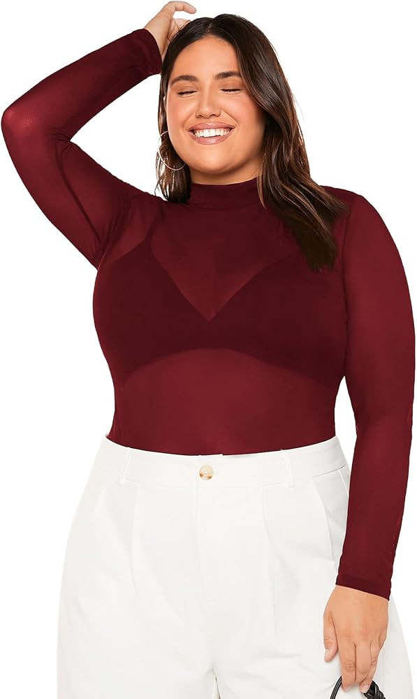 WDIRARA Women's Plus Size Floral Print Sheer Mesh Top Round Neck Long Sleeve Blouse | Amazon (US)