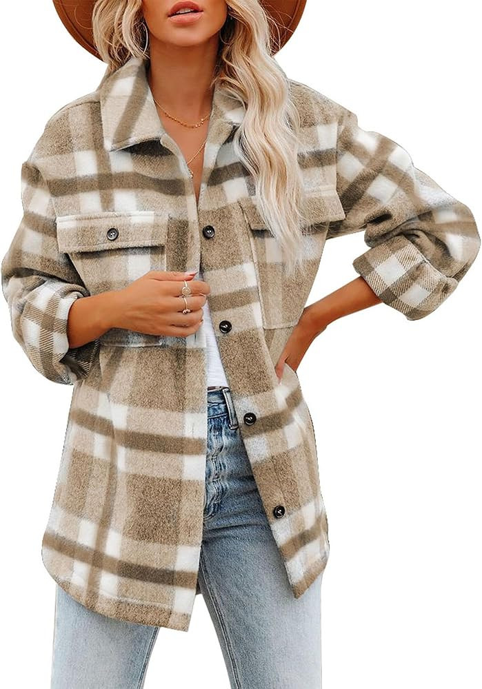 BTFBM Women's Long Sleeve Button Down Jackets Plaid Flannel Shirts Tops Casual Lapel V Neck Overs... | Amazon (US)