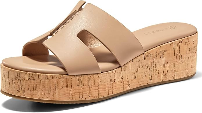 Coutgo Women's Platform Wedge Sandals Open Toe Slip On Slides Cork Heeled Cutout Comfortable Summ... | Amazon (US)