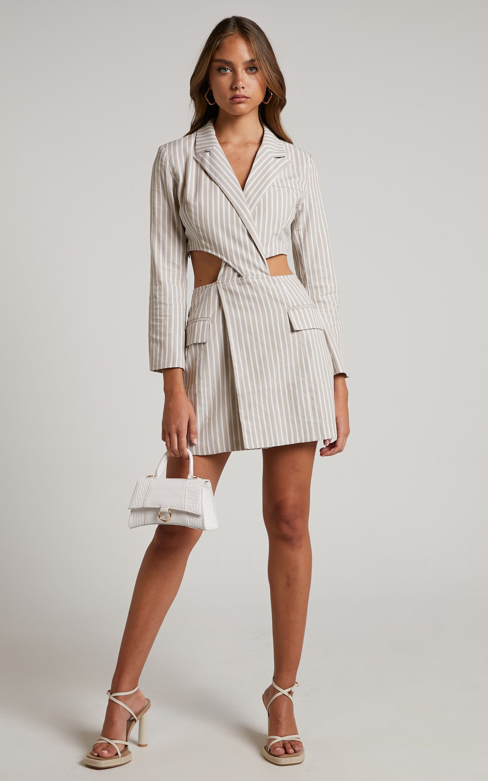 Romlene Blazer Dress - Cut Out Mini Blazer Dress in Natural Stripe | Showpo (US, UK & Europe)
