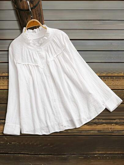 Linhara Plus Size Women White Textured Lace Trim Shirt Fall Cloth For Women | SHEIN