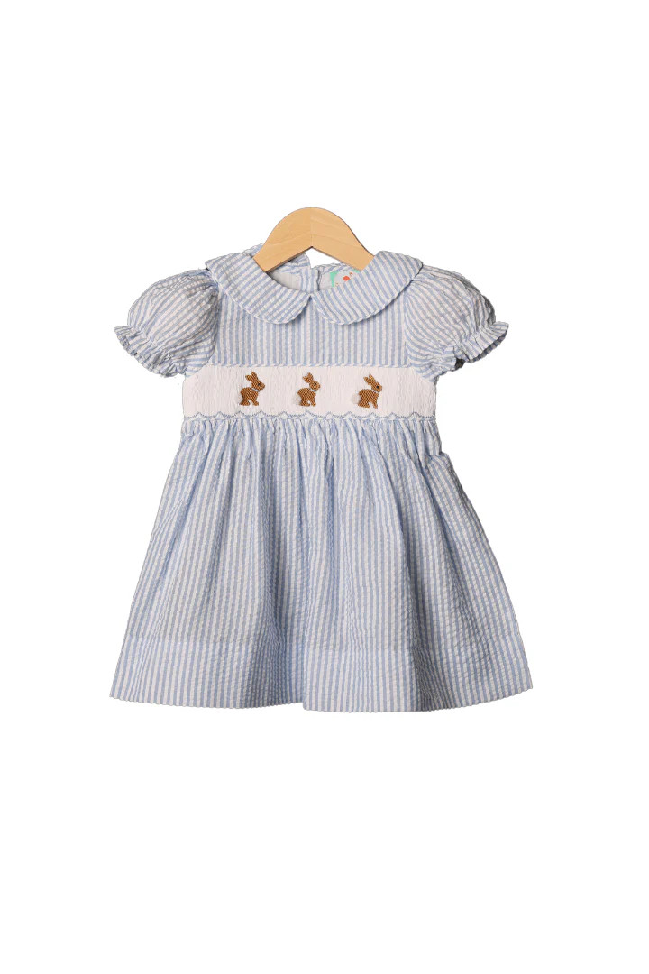 Smocked Seersucker Blue Bunny Dress | The Smocked Flamingo