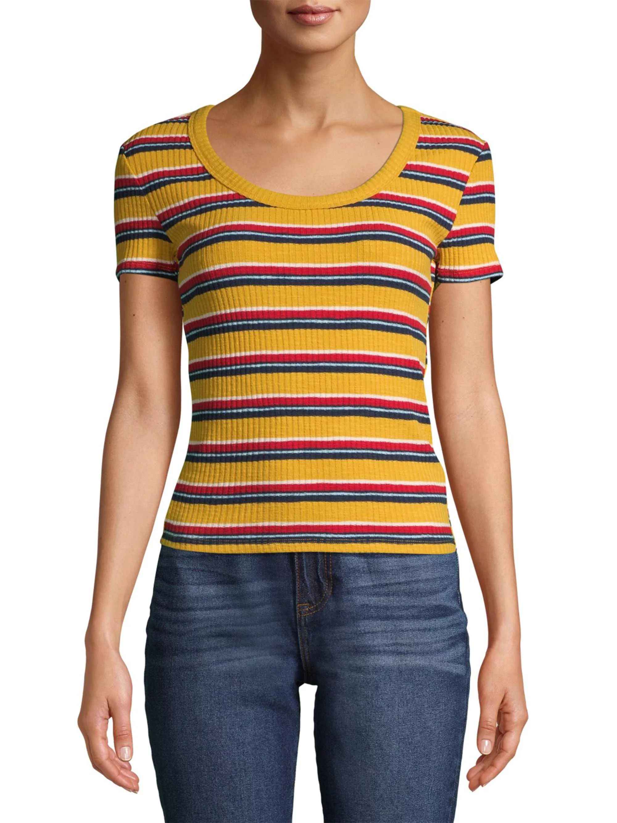 No Boundaries Juniors Ribbed Short Sleeve Striped Scoop Neck Top | Walmart (US)
