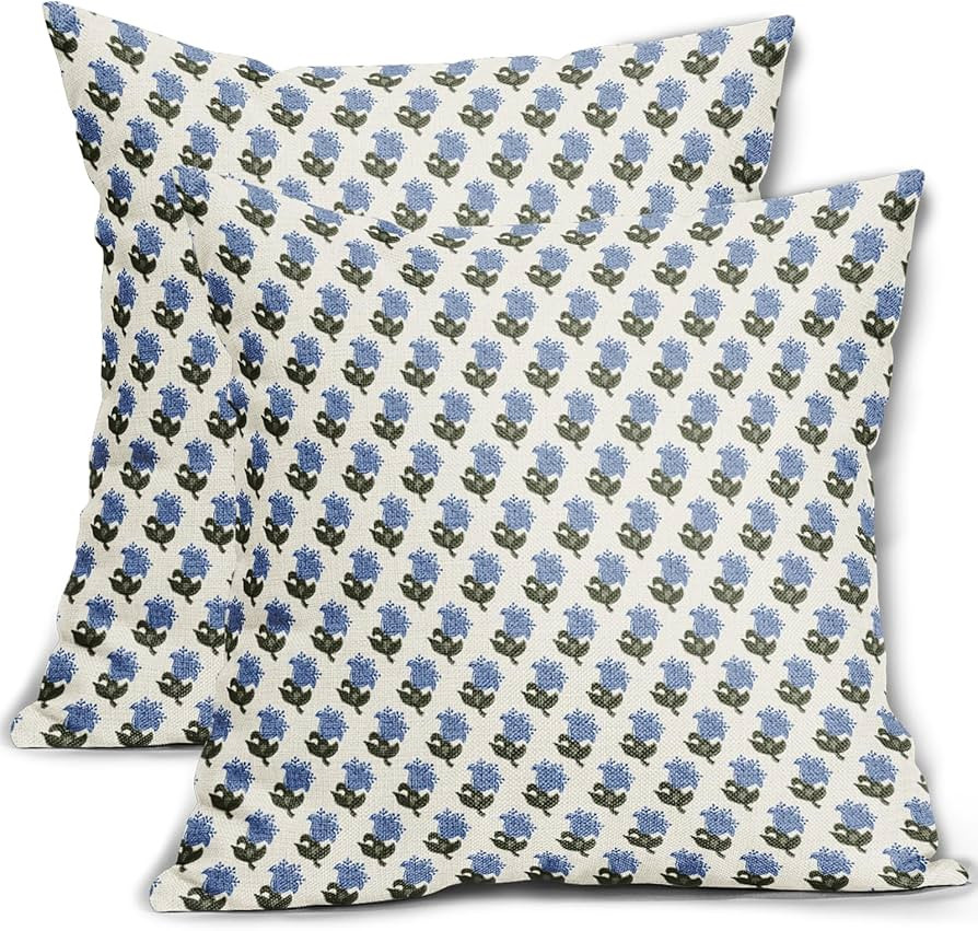 Blue Green Floral Block Print Pillow Covers 18x18 Set of 2 Cute Small Flower Pattern Decorative T... | Amazon (US)