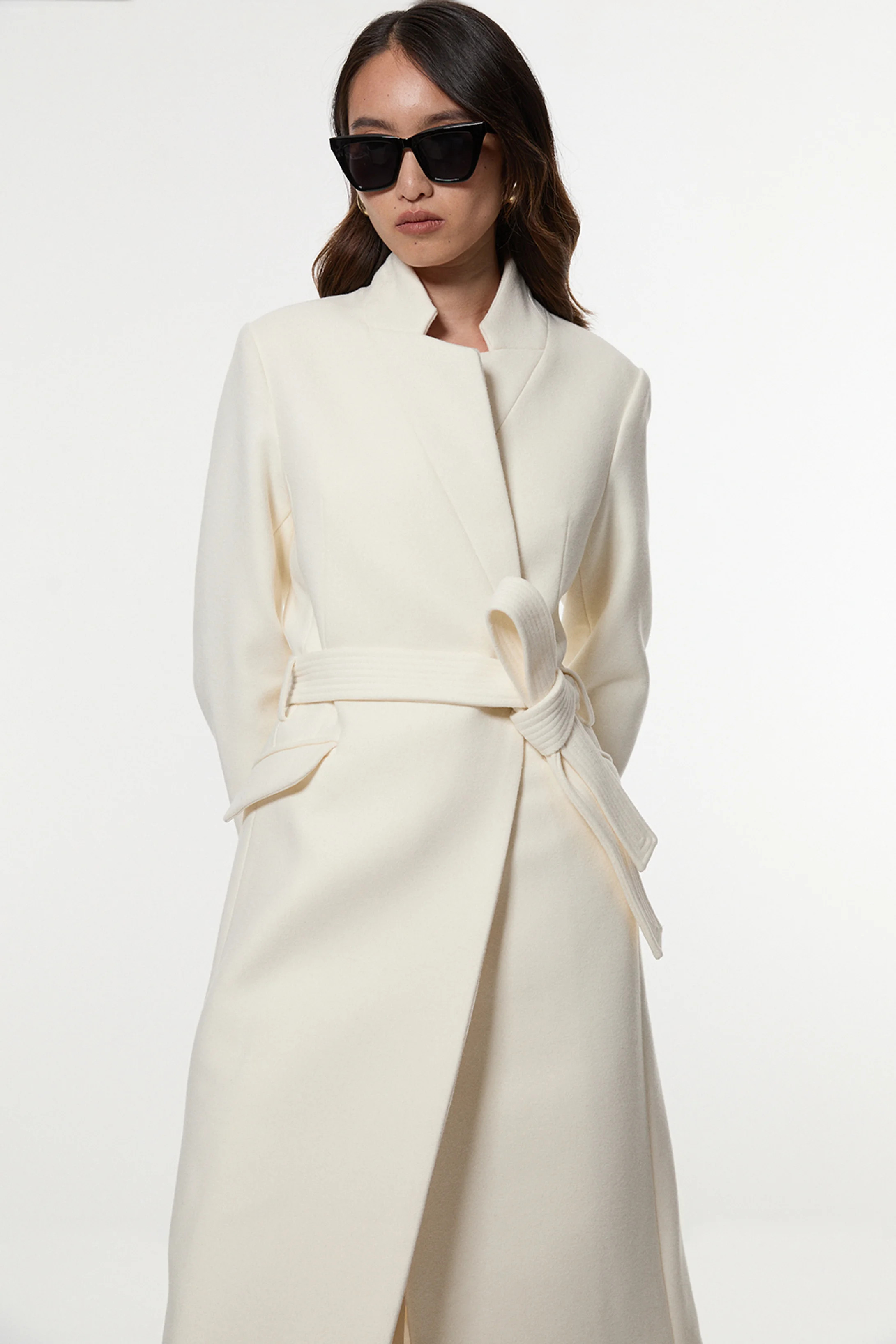 Wool Investment Notch Neck Belted Detail Tailored Maxi Coat | Karen Millen UK + IE + DE + NL