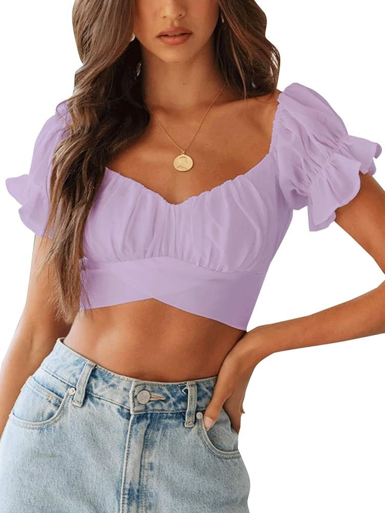LYANER Women's Ruffle Short Sleeve Tie Up Back Crop Top Off Shoulder Bardot Blouse | Amazon (US)