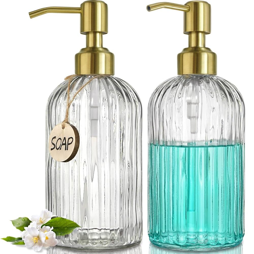 JASAI 2PACK 18Oz Fluted Glass Soap Dispenser with Golden Rust Proof Pump, Refillable Kitchen soap... | Amazon (US)