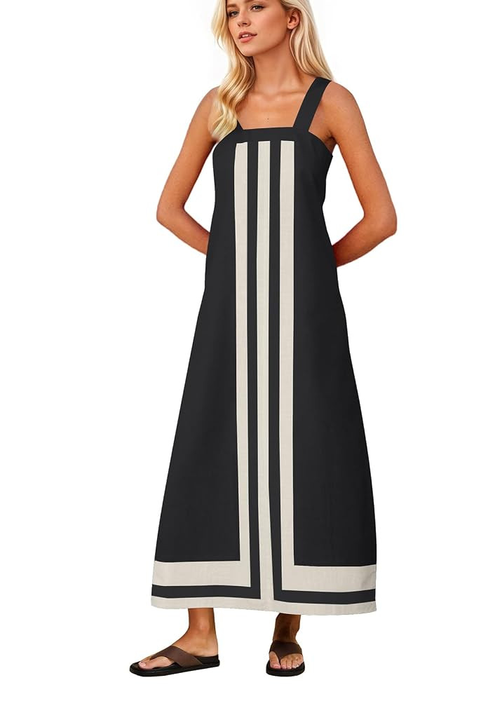 Women Color Block Maxi Dress Sleeveless Striped Flowy Beach Dress Square Neck Backless Casual Sum... | Amazon (US)