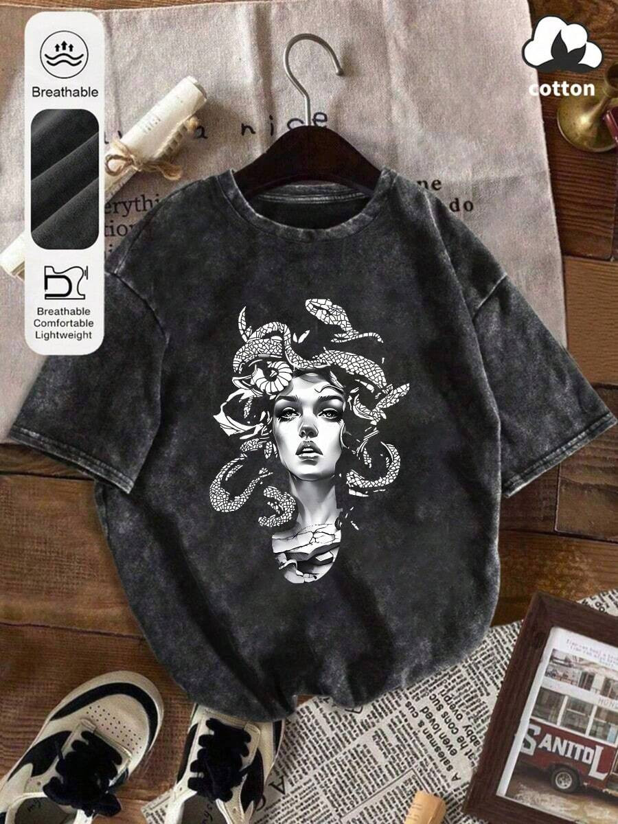 Plus Size Women's Summer Snake Skin Print Casual Loose Washed Cotton Round Neck Short Sleeve T-Sh... | SHEIN