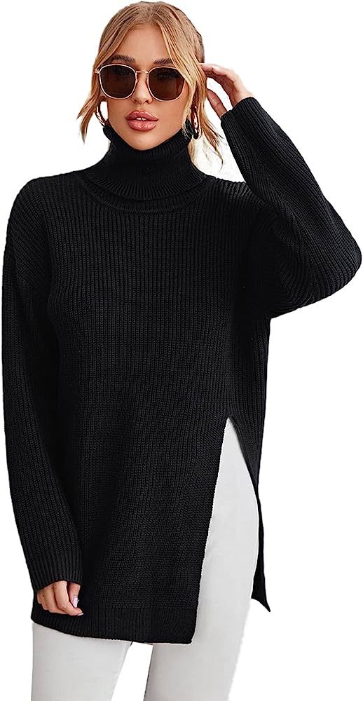 SheIn Women's Turtleneck Knit Long Sleeve High Low Hem Side Slit Pullover Sweater Tunic Tops | Amazon (US)