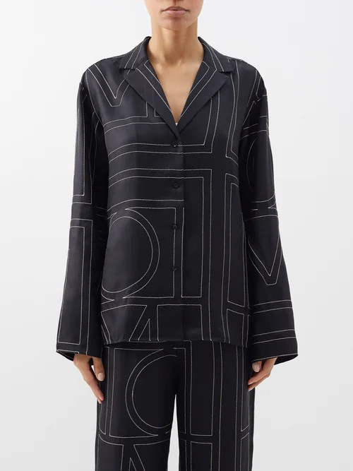 Toteme - Monogram-embroidered Silk-twill Pyjama Top - Womens - Black - 36 GER | Matches (US)